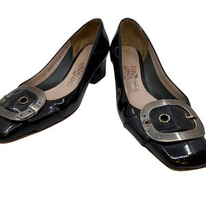Salvatore Ferragamo Block Heel Buckle Black Patent Leather 6